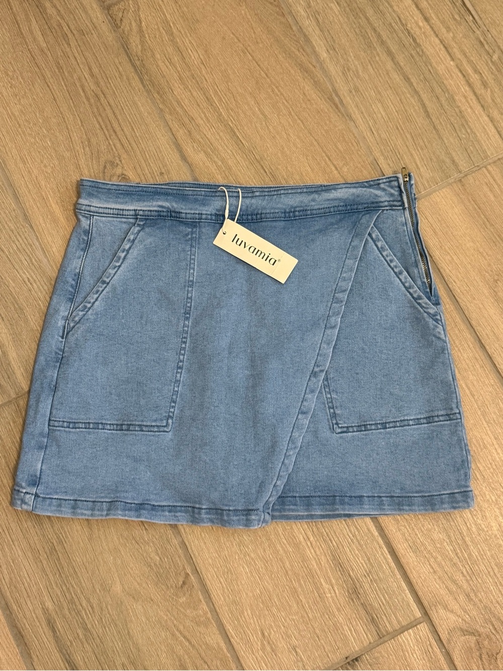 Luvamia Light Blue Denim Wrap Mini Skirt Size M - Picture 2 of 8